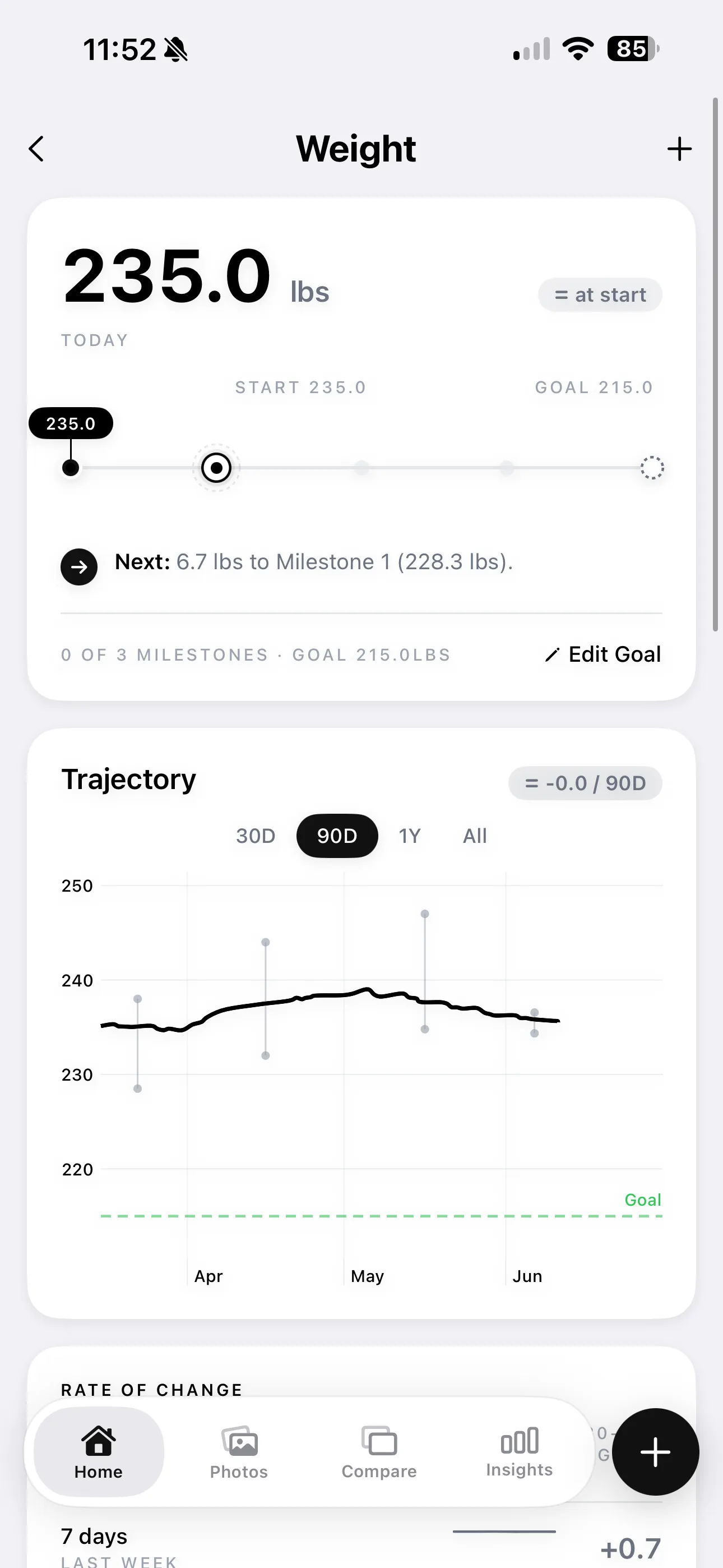 Weight tracking screen with milestone progress and a trajectory chart showing gradual change over months