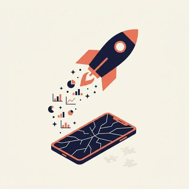 Minimalist vector illustration of a rocket launching from a cracked smartphone with data charts trailing behind