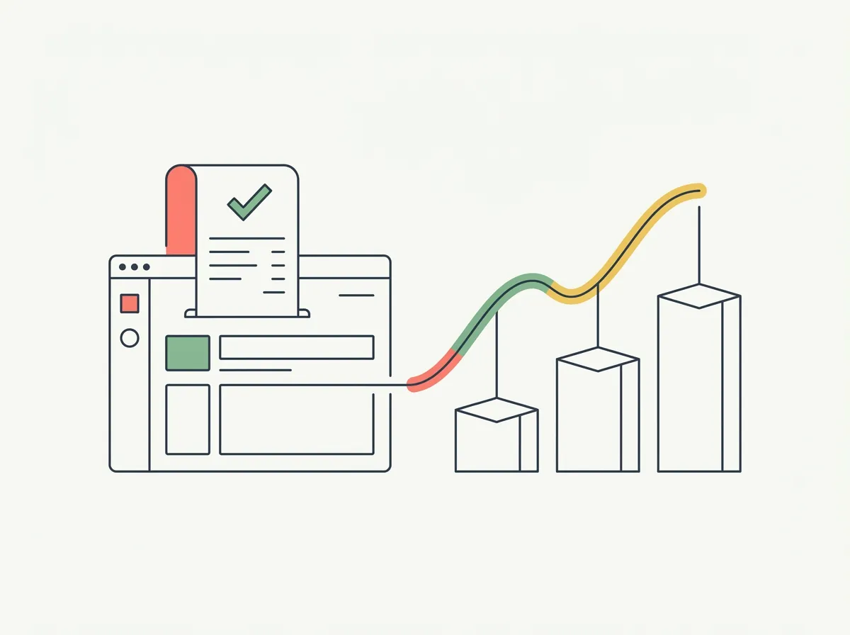 Abstract line illustration of a verified receipt, an analytics dashboard, and a rising organic traffic chart