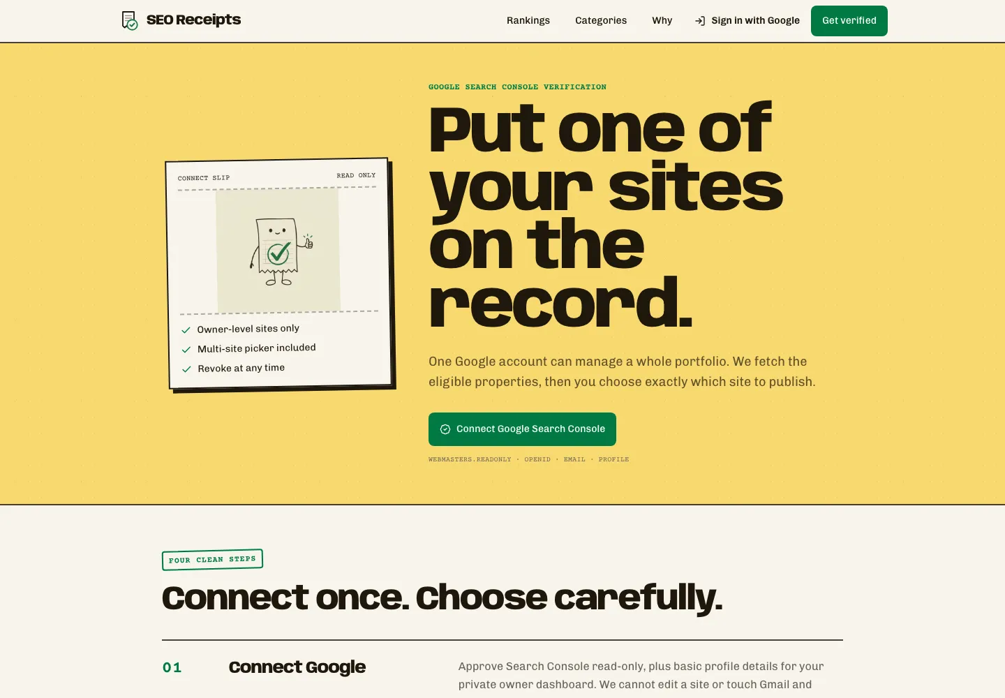 SEO Receipts connection page explaining read-only Google Search Console access, owner-level sites, multi-site selection, and revocable access
