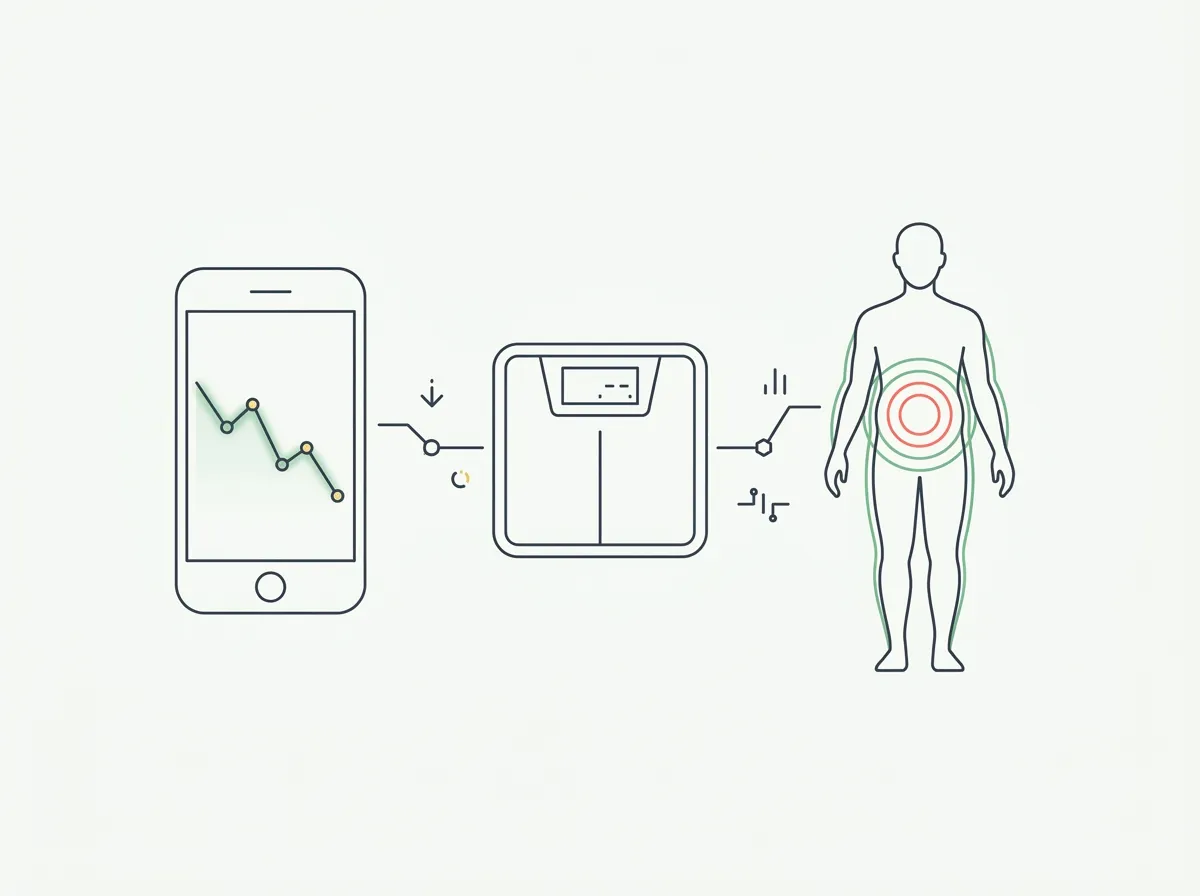 Smart scale, phone with trend chart, and scanner arch icons representing the best apps for tracking visceral fat