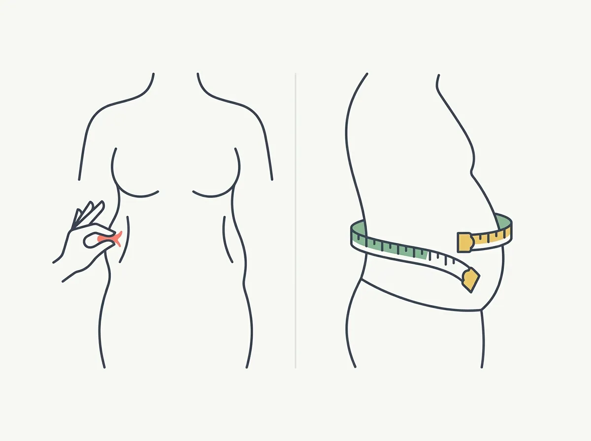 Two torso silhouettes showing subcutaneous fat as a yellow outer layer and visceral fat as red clusters inside with a tape measure