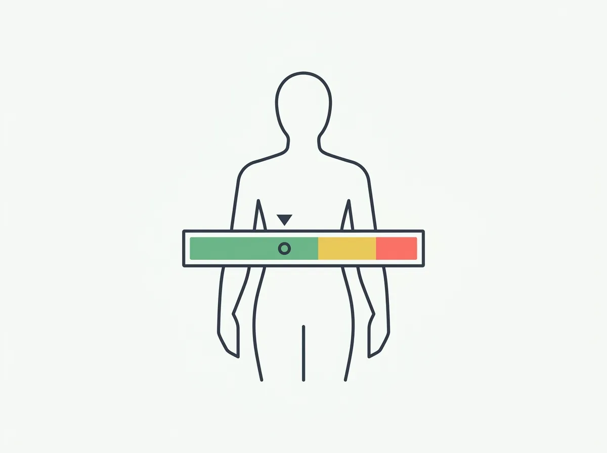 Horizontal gauge bar showing visceral fat levels 1–12 healthy in green and 13–59 elevated in amber-red, with a marker at level 8