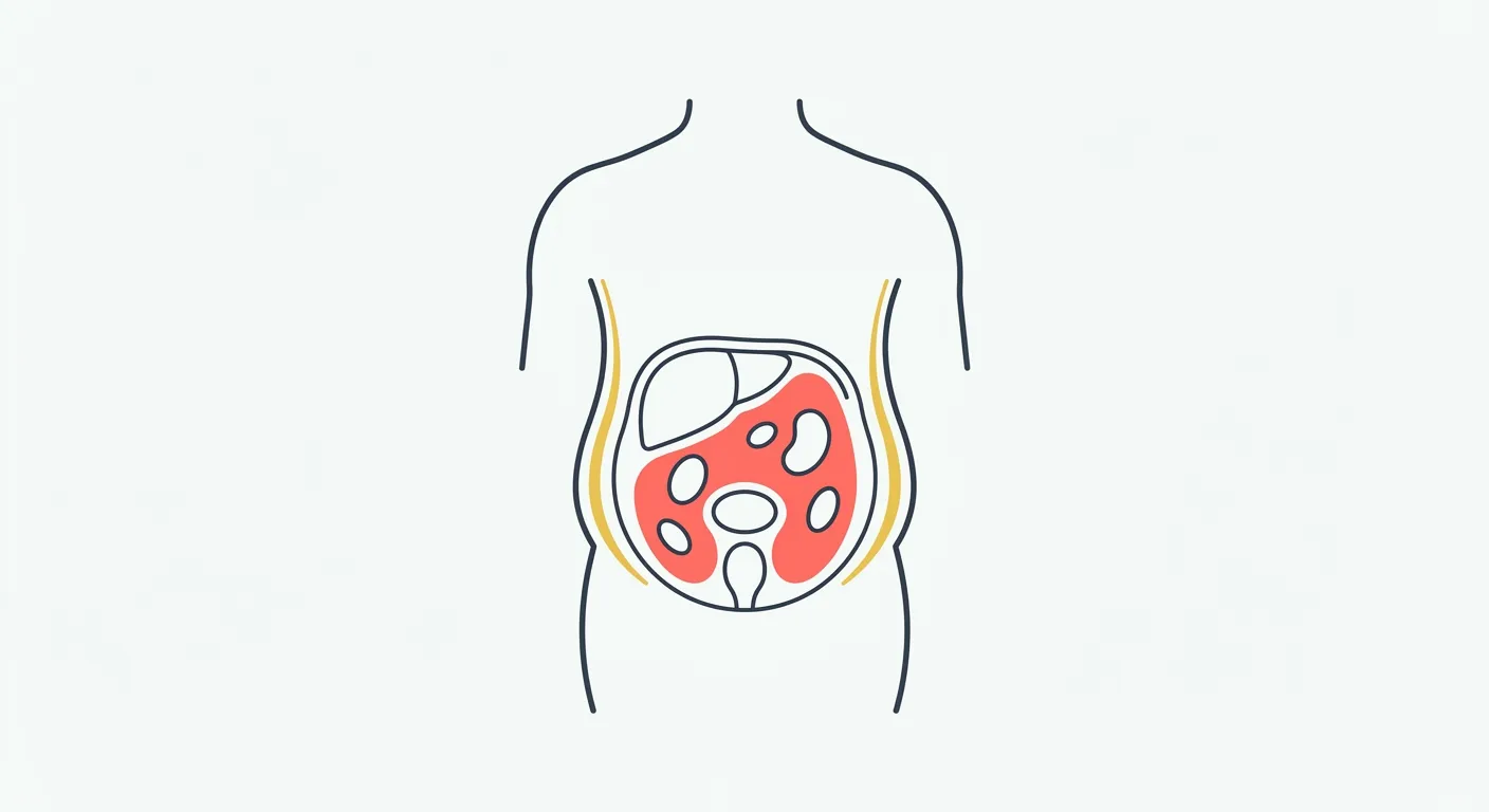 Cross-section illustration of a human torso showing subcutaneous fat as a yellow outer layer and visceral fat as a red inner zone around organ shapes