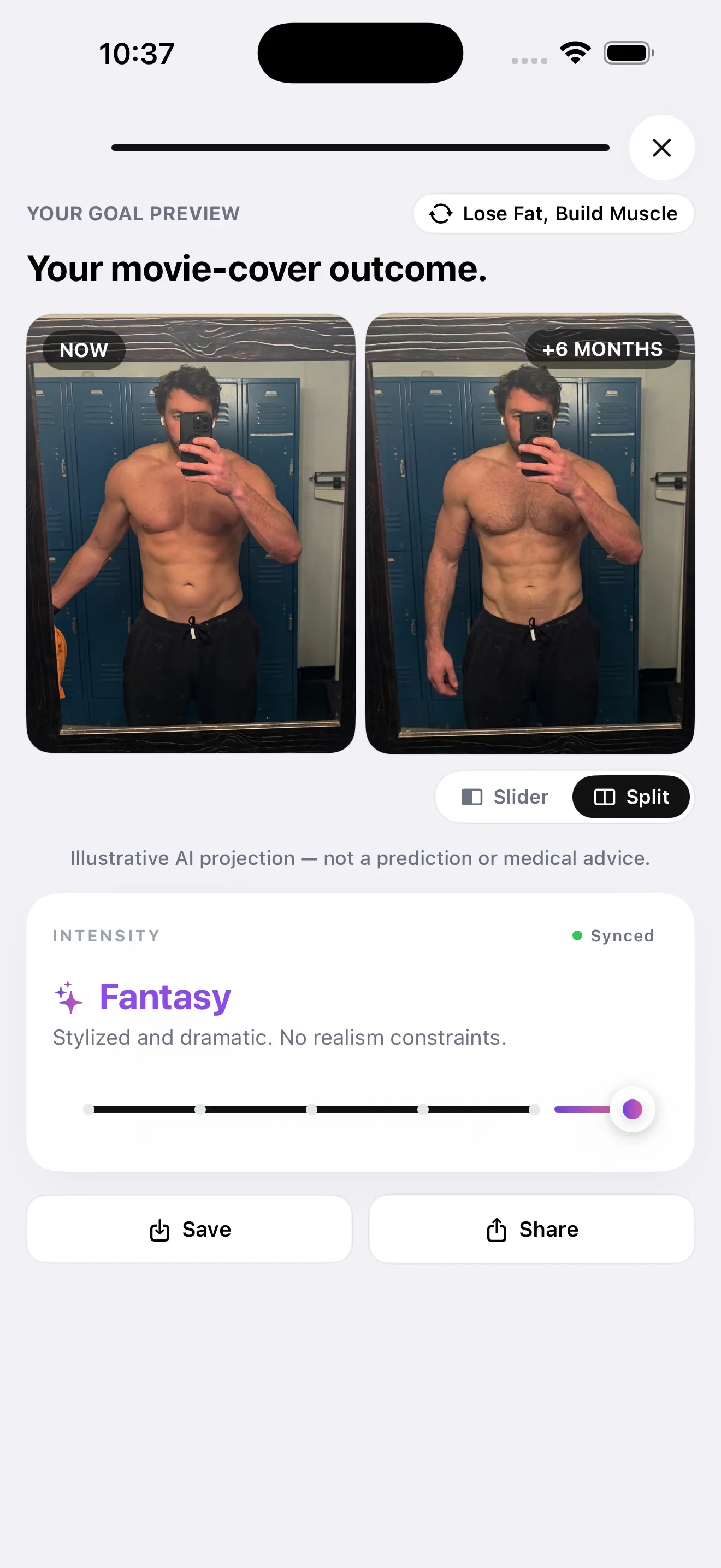GainFrame Future You screen showing a current photo beside an AI-projected image labeled plus six months, with a disclaimer and an intensity slider