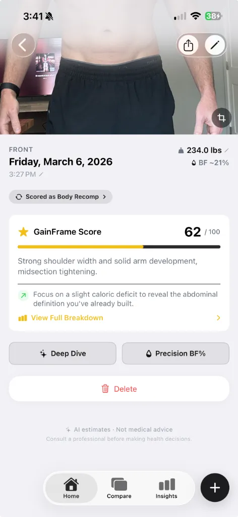 GainFrame Score card showing a 62/100 score with coaching tip and View Full Breakdown link