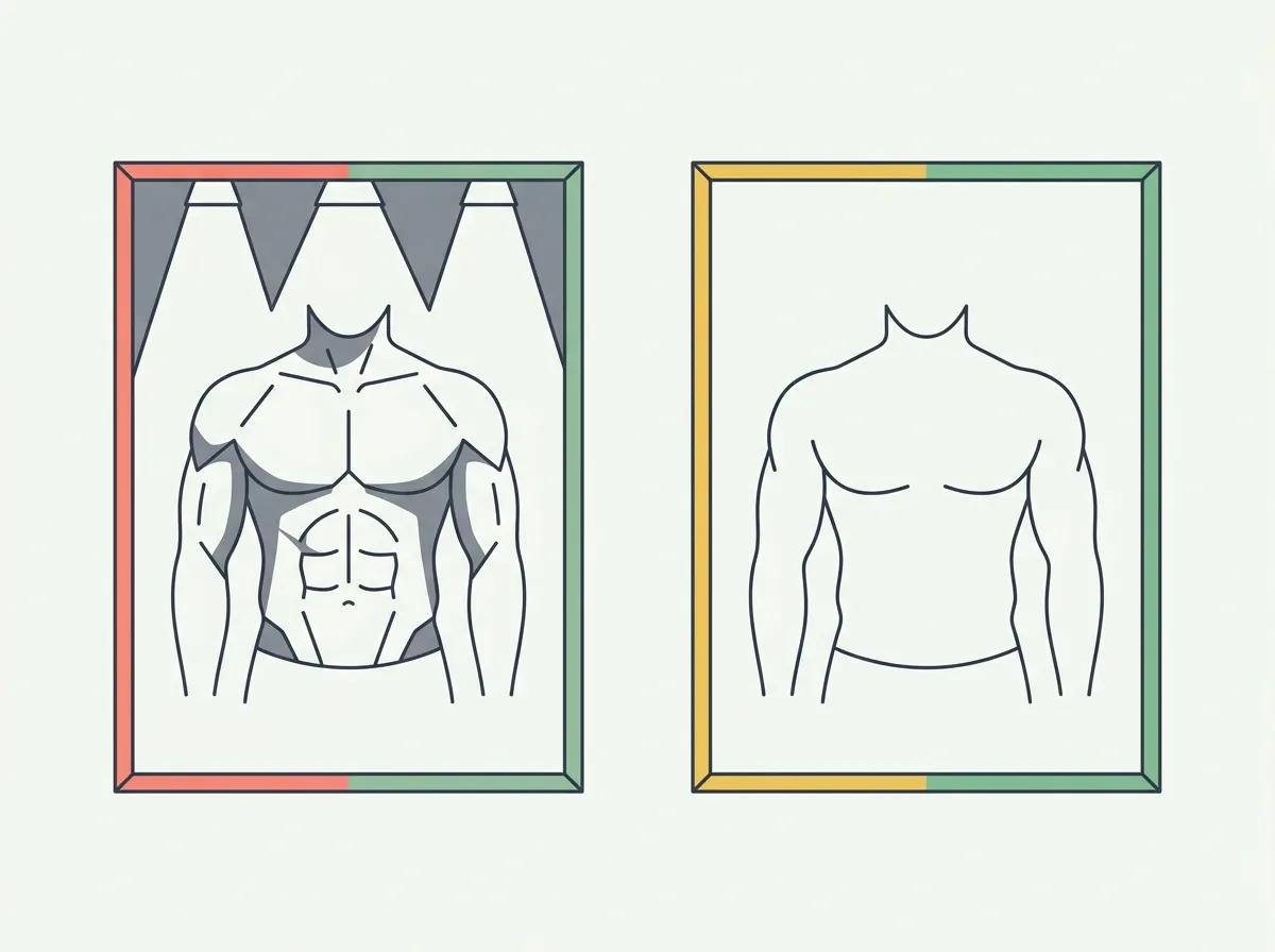 Why the gym mirror flatters you — overhead lighting, the post-set pump, reported mirror tilt, and priming explained, plus how standardized photos settle which version is real.